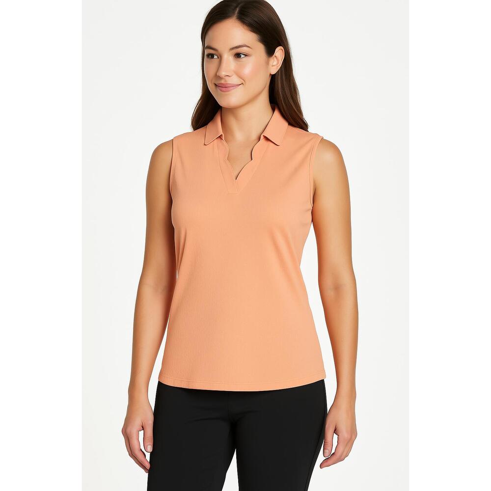 Pebble Beach Peach Scalloped‎ Neckline Collared Sleeveless Polo Shirt Womens Med